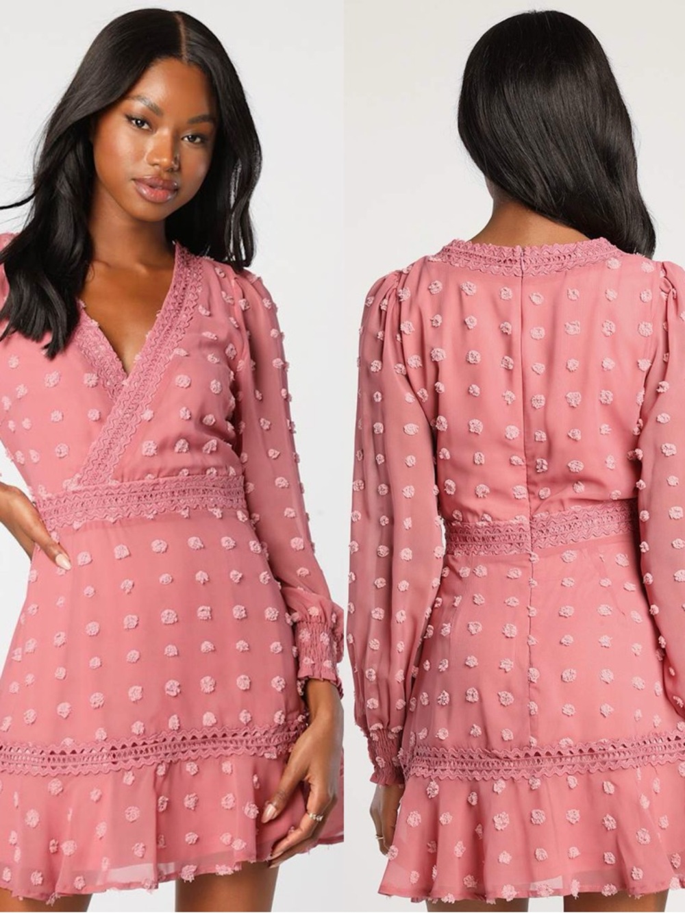 Lulus | Might Be Magic Mauve Clip Dot Long Sleeve Mini Dress